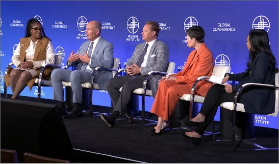 Nationwide Financial President and COO John Carter and Nationwide Retirement Solutions President Eric Stevenson sit in chairs on a panel with three other people at the Milken Institute Global Conference May 5-8 in Beverly Hills, CA.