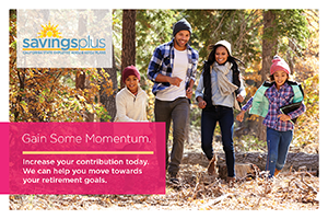Gain some momentum postcard featuring a family walking in the woods during fall
