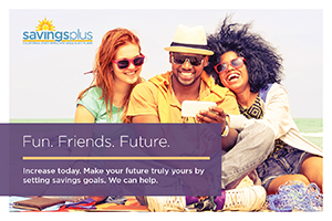 Fun. Friends. Future postcard featuring three people sitting on a blanket