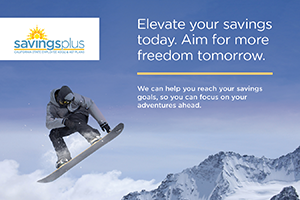 Elevate your savings postcard featuring a snowy mountain and a person on a snowboard 